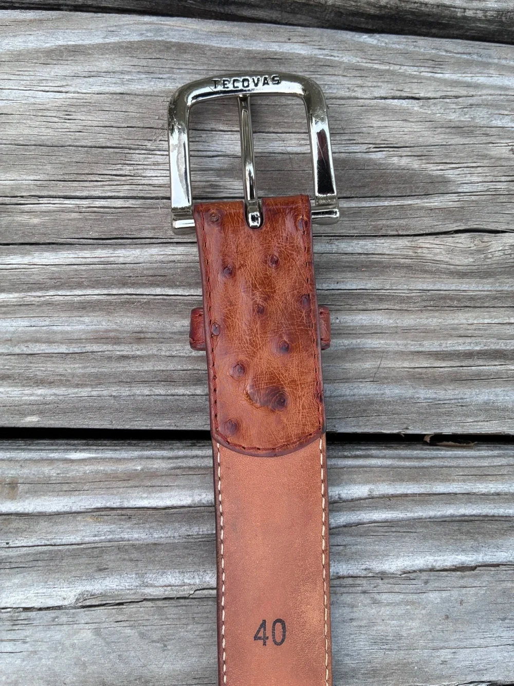 Tecovas Brown Ostrich-Textured Leather Belt with Silver Buckle